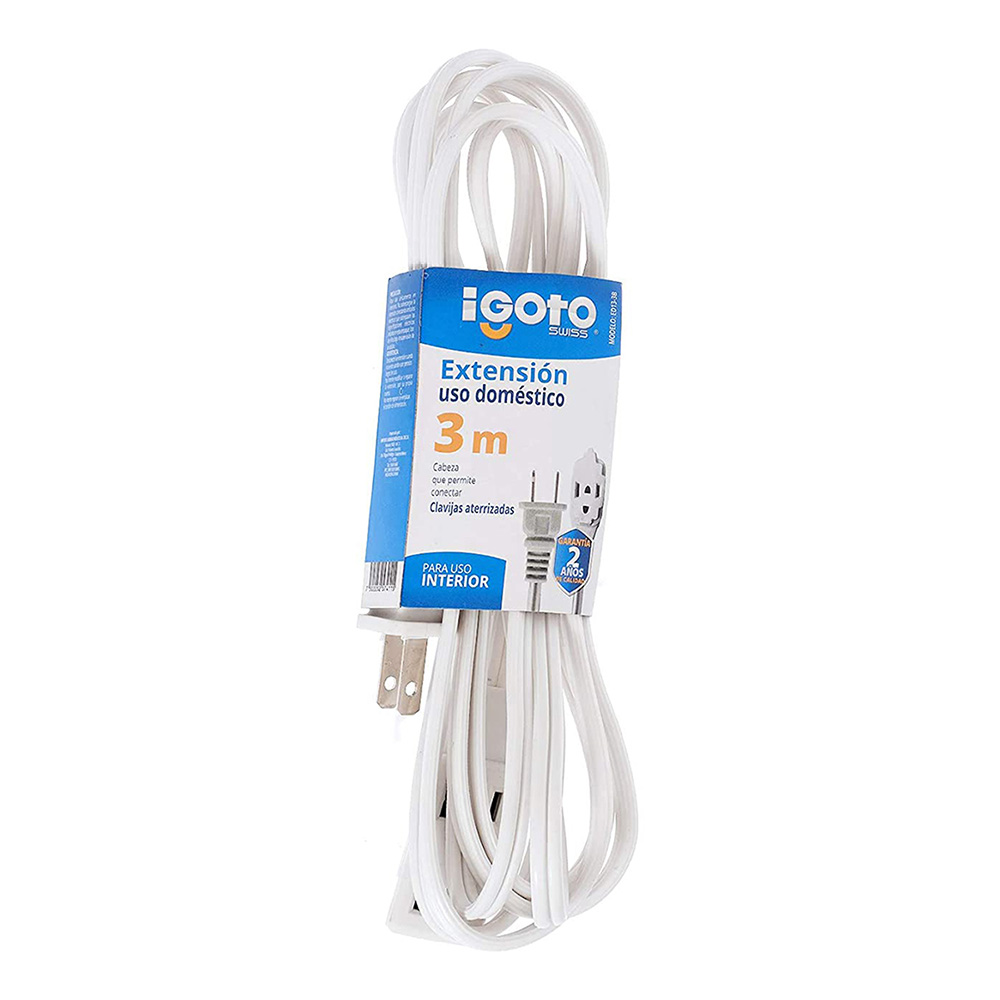 EXTENSION DOMESTICA DE 3 MTS CALIBRE 16 AWG COLOR BLANCA MATERIAL ALU-COBRE C/3 ENTRADAS