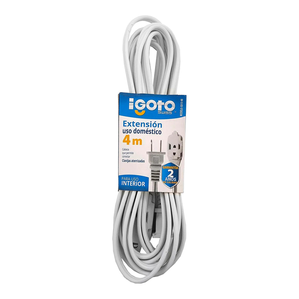 EXTENSION DOMESTICA DE 4 MTS CALIBRE 16 AWG COLOR BLANCA MATERIAL ALU-COBRE C/3 ENTRADAS