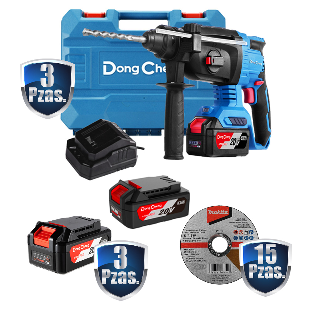 COMBO BF 3 ROTOMARTILLOS SDS PLUS DE 1, 20 V S/CARB,2 BAT. 4 AMPS Y ESTUCHE+ 3 BATERIAS DE 20 V, 4 AMPS.+15 DISCOS