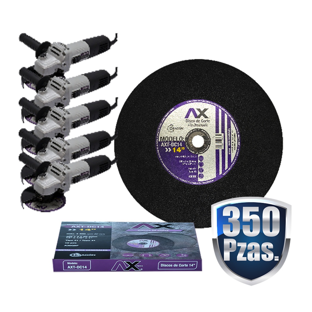 COMBO 35 CAJAS DE 10 DISCOS DE 14 PULG. CON 5 PIEZAS DE MINIESMERILADORAS DE 4 1/2" 850 WATTS GRATIS