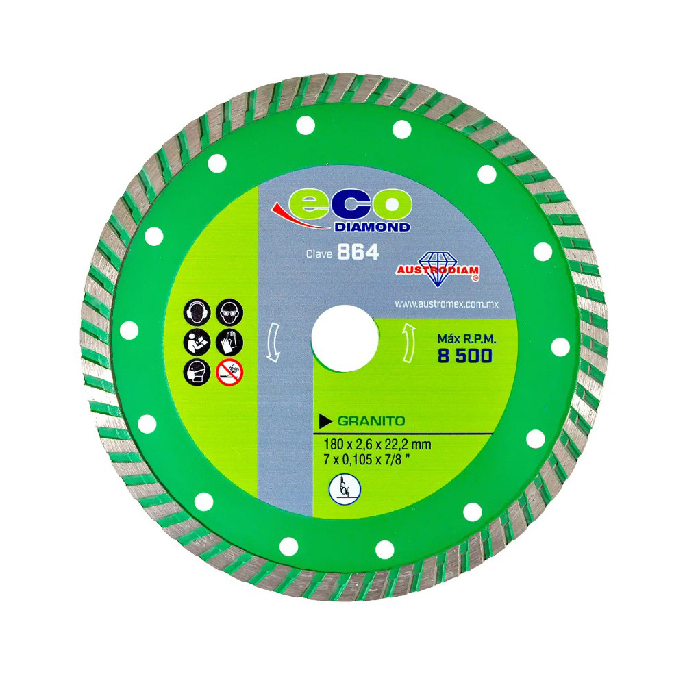 DISCO DE DIAMANTE DE 7 X 2.2mm X 7/8 TURBO VERDE ECODIAM (EL MAS ECONOMICO DE LA LINEA)