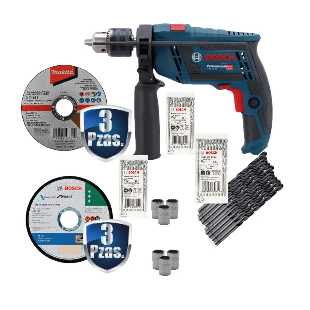 COMBO ROTOMARTILLO 1/2 750W GSB 13RE+6 DISCOS 4 1/2 BOSCH Y MAKITA+6 DADOS STANLEY+30 BROCAS DE CONCRETO