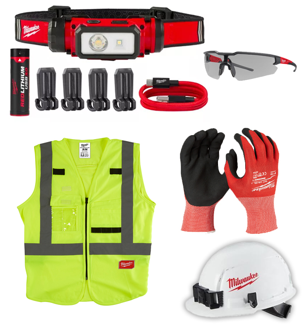 COMBO LINTERNA FRONTAL RECARGABLE USB PARA CASCO+GUANTES ANTICORTE+CASCO CLASE C+CHALECO SEG+LENTES MILW