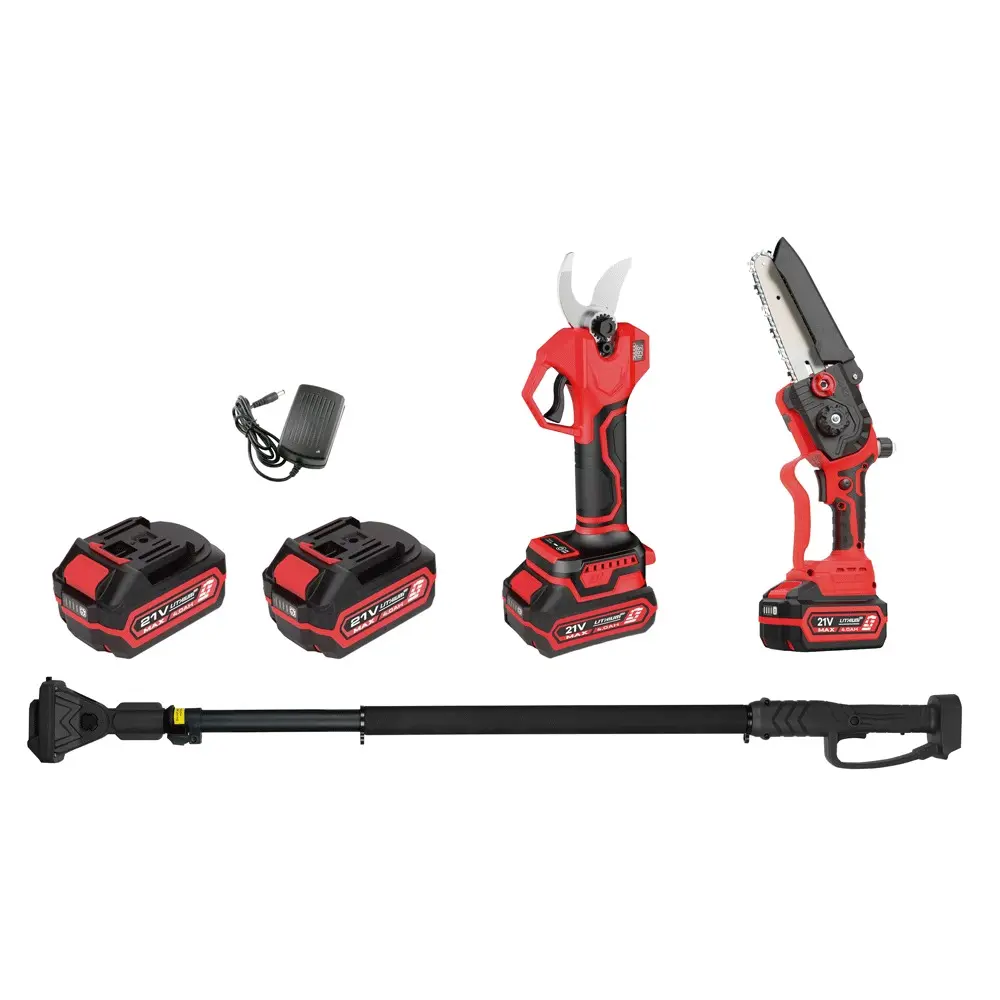 KIT DE JARDINERIA INALAMBRICO CON SIERRA DE EXTENSION Y TIJERAS 2 BATERIAS DE 2 AMP MAX Y CARGADOR