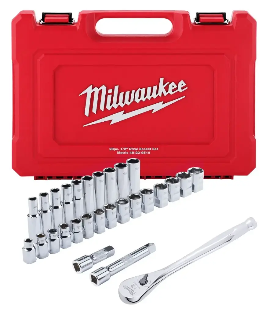 28 PC 1/2 DRIVE METRIC RATCHET AND SOCKET SET WITH FOUR FLAT™ SIDES