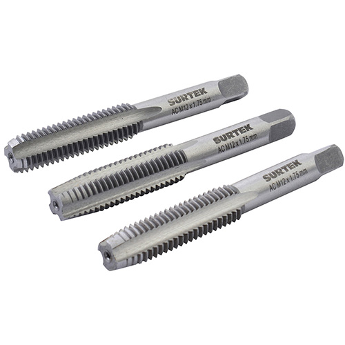 JUEGO DE 3 MACHUELOS DE ACERO AL CARBON M12 X 1.75