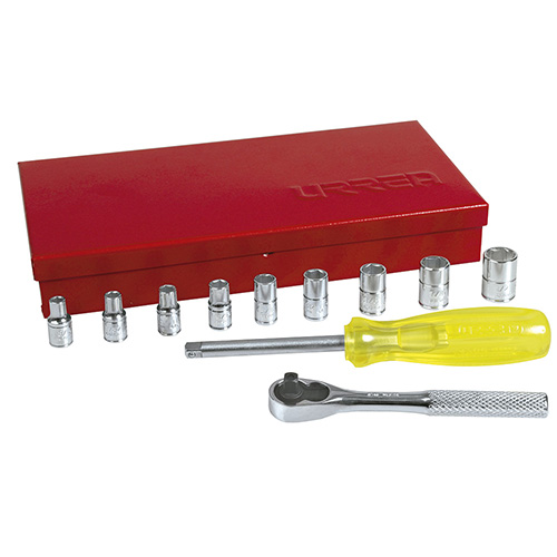 JUEGO DE 11 DADOS EN PULGADAS 6 PUNTAS C/ACCESORIOS CUADRO 1/4 CAJA METALICA