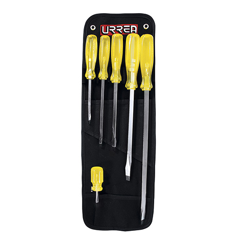 JUEGO DE 6 DESTORNILLADORES AMBAR PUNTA PLANA BARRA CUADRADA EN ESTUCHE