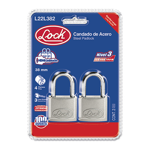 CANDADO ACERO STD LARGO 2 PZAS. 38MM AC
