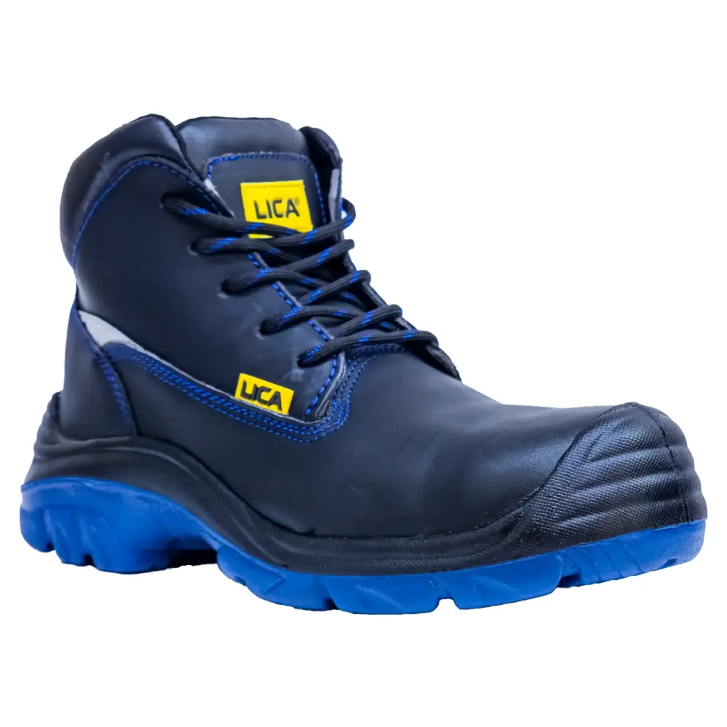 BOTA DE TRABAJO DIELÉCTRICA NEGRA CON AZUL, SUELA PEGADA, TALLA 28