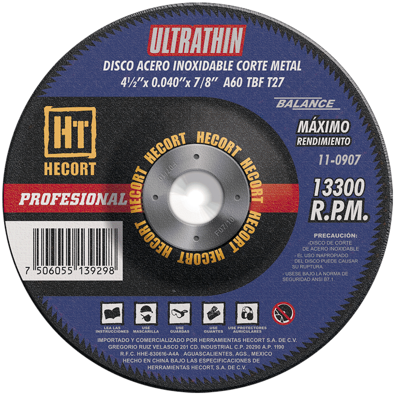 DISCO DE CORTE INOX. 4 1/2X0.040X7/8 ULTRATHIN A60T-BFT27 (TIPO CAZUELA)
