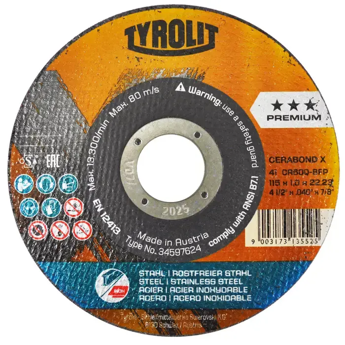 DISCO P/CORTE METAL SUPERDELGADO 4 1/2 X 1mm X 7/8 AC. INOX. PREMIUM TYROLIT-AUS