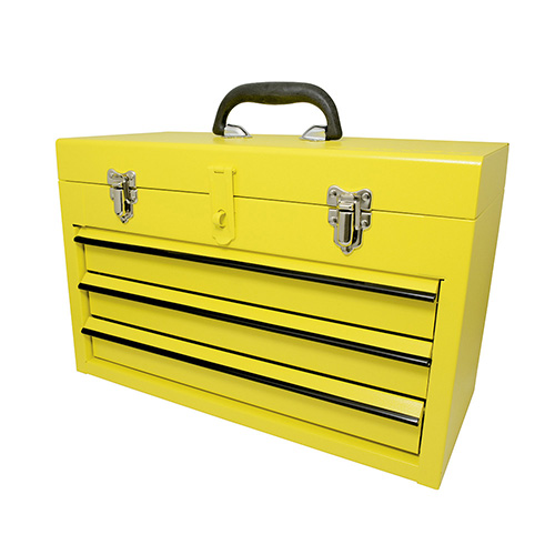 CAJA PORTAHERRAMIENTAS METALICA AMARILLA CON 3 GAVETAS 11" X 18" X 9"