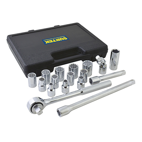 JUEGO DE DADOS Y ACCESORIOS CUADRO DE 1/2" EN PULGADAS, 17 PIEZAS