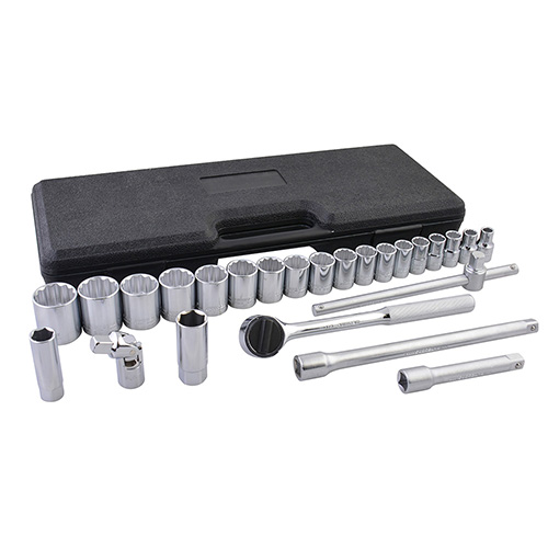 JUEGO DE DADOS Y ACCESORIOS CUADRO DE 1/2" METRICO, 25 PIEZAS