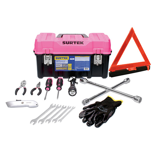 JUEGO COMBINADO DE HERRAMIENTA AUTOMOTRIZ CON CAJA PLASTICA ROSA, 11 PIEZAS