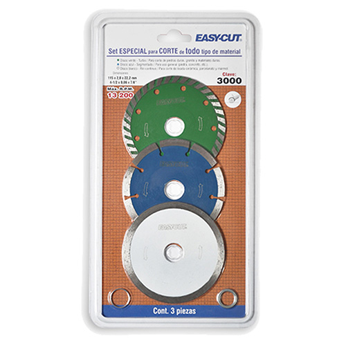PAQUETE DISCOS DIAMANTE 4 1/2 P/ TODO TIPO DE MAT. (3 PZAS.) VERDE/AZUL/BLANCO
