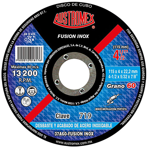 DISCO P/DESBASTE ACERO INOXIDABLE 4 1/2 X 5/32 FUSION GRANO 60
