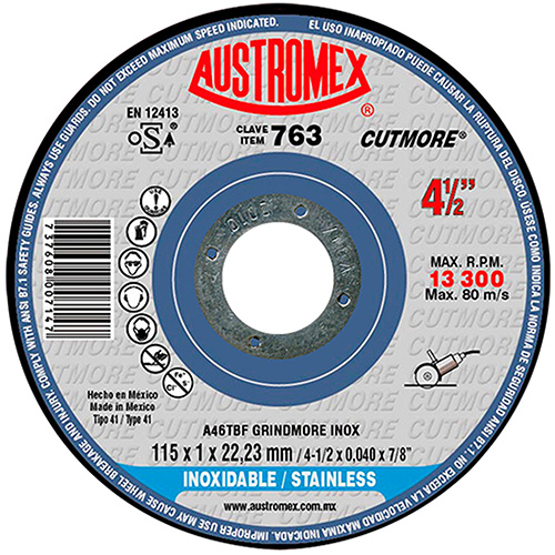 DISCO P/CORTE METAL SUPERDELGADO 4 1/2 X 3/64 X 7/8 AC. INOX. GRINDMORE