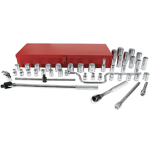 JUEGO DE DADOS Y ACCESORIOS CUADRO DE 1/2" EN PULGADAS, 43 PIEZAS