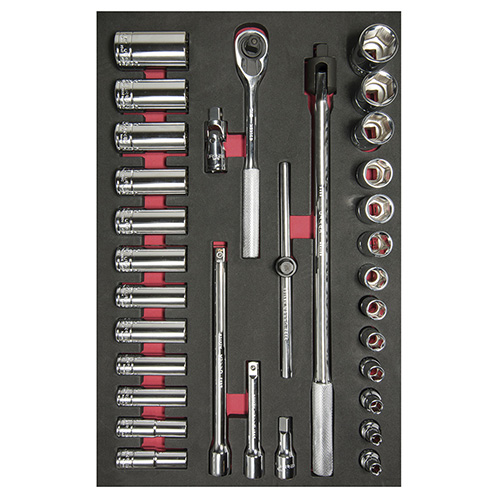 JUEGO DE DADOS CORTOS Y LARGOS Y ACCESORIOS CUADRO DE 1/2" EN PULGADAS, 32 PIEZAS