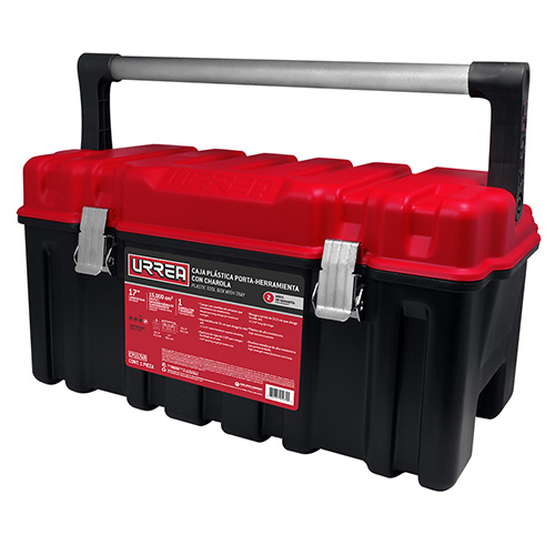 CAJA PORTAHERRAMIENTAS PLASTICA CON BROCHES METALICOS, CHAROLA Y TAPA ROJA 17" X 9" X 8"