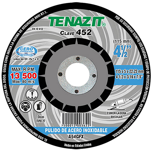 [AUS-452] DISCO P/PULIDO ACERO INOXIDABLE 4 1/2 X 1/4 X 7/8 TENAZIT ACABADO FINO
