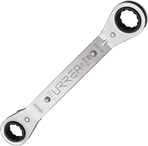 [URR-1182] LLAVE DE ESTRIAS PULIDO ESPEJO ACODADA DE MATRACA EN PULGADAS, 12 PUNTAS, 3/8" X 7/16"