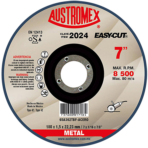 [AUS-2024] DISCO ABRASIVO PARA CORTE DE METAL DE 180 X 1.5 X 22.23 MM (PAQ. 25)