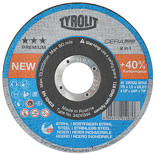[AUS-4250] DISCO P/CORTE METAL SUPERDELGADO 4 1/2 X 1mm X 7/8 AC. INOX. PREMIUM TYROLIT-AUS