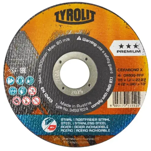 [AUS-4250] DISCO P/CORTE METAL SUPERDELGADO 4 1/2 X 1mm X 7/8 AC. INOX. PREMIUM TYROLIT-AUS