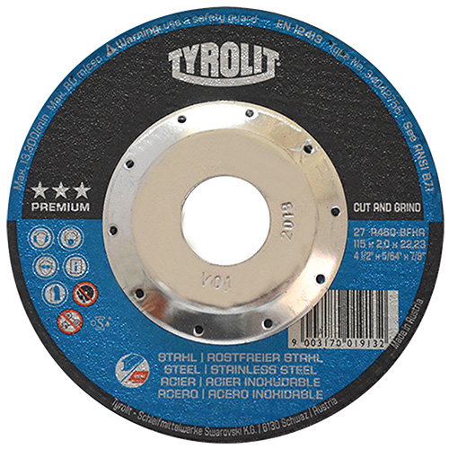 [AUS-4220] DISCO P/CORTE Y DESBASTE DE METAL 4 1/2 X 5/64 X 7/8 (CUBO) P/A.C E INOX. TYROLIT