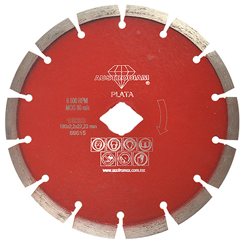 [AUS-1520] DISCO DE DIAMANTE P/CANTERA Y BLOQUE 7 X 5/64 X 7/8 LASER MEX ROJO PLATA