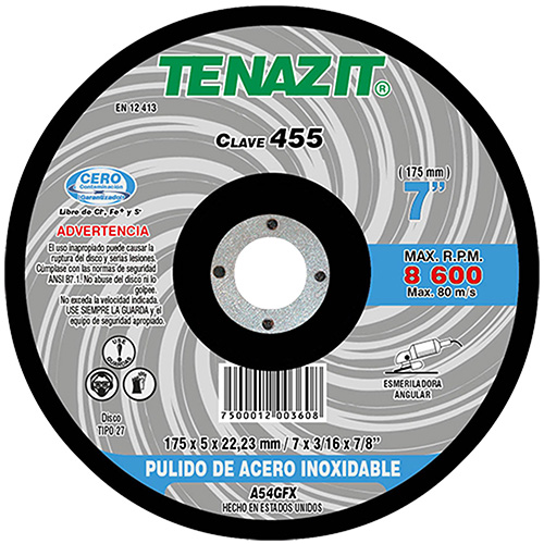 [AUS-455] DISCO P/PULIDO ACERO INOXIDABLE 7 X 1/4 X 7/8 TENAZIT ACABADO FINO