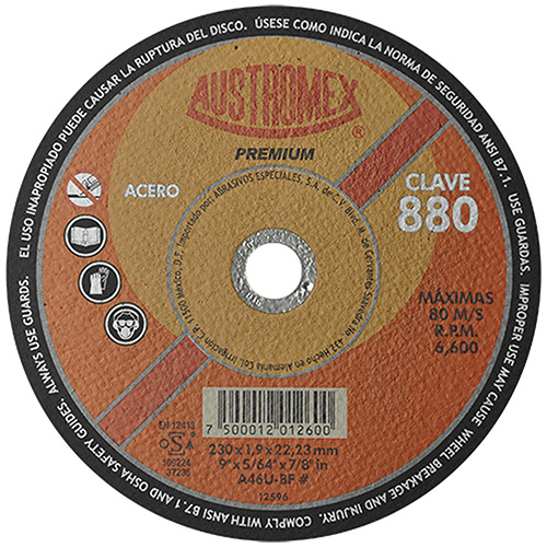 [AUS-880] DISCO P/CORTE METAL SUPERDELGADO 9 X 5/64 X 7/8 AC. AL CARBON PREMIUM MAX. REND.