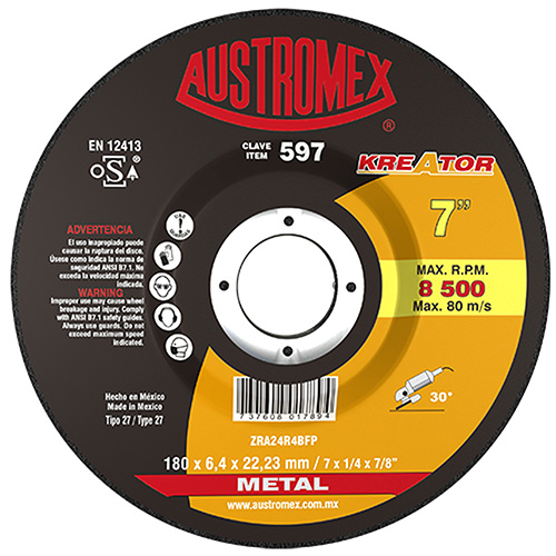 [AUS-597] DISCO P/DESBASTE METAL 7 X 1/4 X 7/8 MOD. KREATOR (SUBST. A 381, 777)