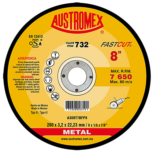 [AUS-732] DISCO P/CORTE METAL 8 X 1/8 X 7/8 (PLANO)