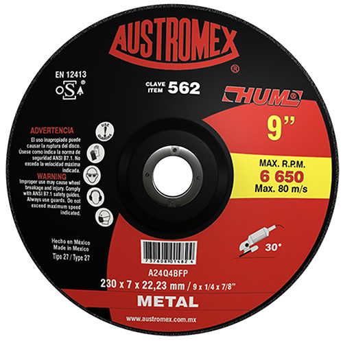 [AUS-562] DISCO P/DESBASTE METAL 9 X 1/4 X 7/8 LINEA HUM ROJO