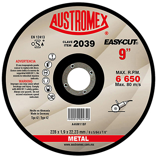 [AUS-2039] DISCO P/CORTE METAL 9 X 5/64 X 7/8 TIPO CUBO LINEA EASY-CUT