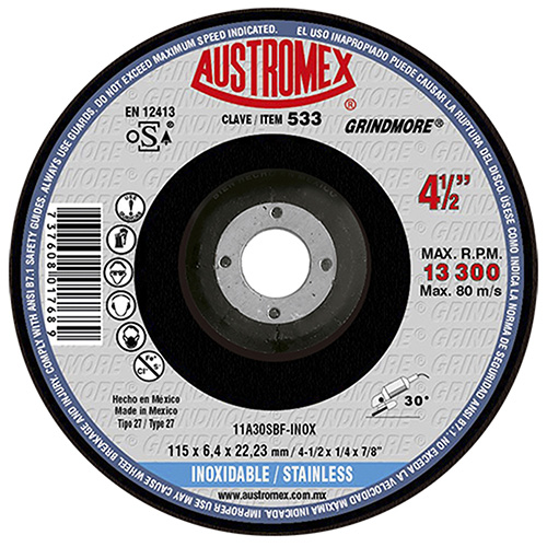 [AUS-533] DISCO P/DESBASTE ACERO INOXIDABLE 4 1/2 X 1/4 X 7/8 GRINDMORE