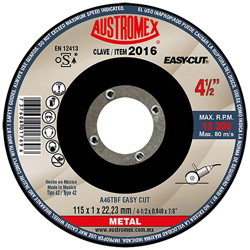 [AUS-2016] DISCO P/CORTE METAL SUPERDELGADO 41/2 X 3/64 X 7/8(CUBO) AC. AL CARBON EASY CUT