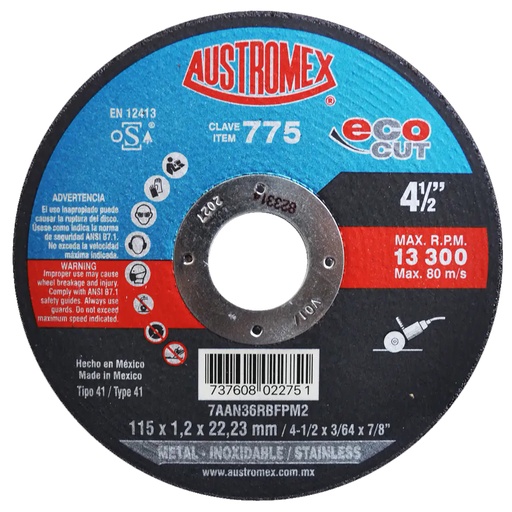 [AUS-775] DISCO P/CORTE SUPERDELGADO 4 1/2 X 3/64 X 7/8 AC/INOX ECO-CUT (SUPER ECONOMICO)