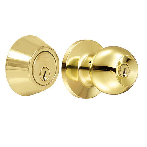 [LOC-14CB] COMBO DE POMO TUBULARES DE BOLA FUNCIÓN DOBLE, LATÓN BRILLANTE, LLAVE ESTÁNDAR, BLÍSTER