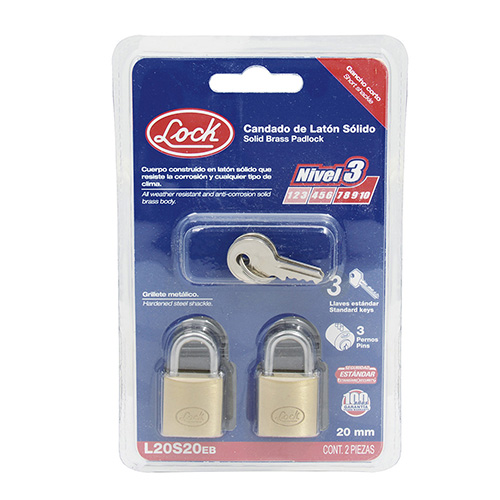 [LOC-L20S20EB] JUEGO DE CANDADOS DE LATÓN CORTOS 20 MM, LLAVE ESTÁNDAR, 2 PIEZAS