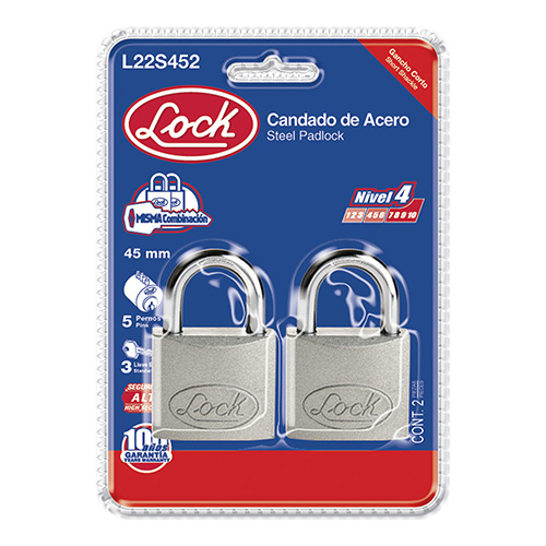[LOC-L22S452] JUEGO DE CANDADOS DE ACERO CORTOS 45 MM, LLAVE ESTÁNDAR, 2 PIEZAS
