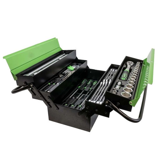 [JBM-53565] JUEGO DE MECANICO 64 PZAS EN CAJA DE HTA TIPO ESCALERA DE 1/2 MM C/18 LLAVES COMBINADAS MM DESARMADORES Y PINZAS