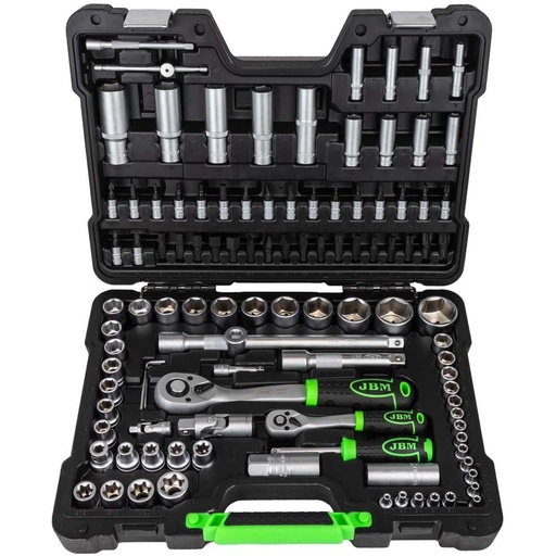 [JBM-54037] JUEGO DE MECANICO DE 108 PZAS DE 1/2 Y 1/4 C/PUNTAS DIVERSAS PARA DADOS Y DESTORNILLADOR DADOS LARGOS Y CORTOS MM CROMADO C/ESTUCHE