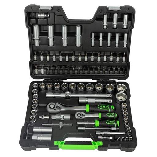 [JBM-54038] JUEGO DE MECANICO 94 PZAS DE 1/2 Y 1/4 C/PUNTAS DIVERSAS PARA DADOS Y DESTORNILLADOR DADOS LARGOS Y CORTOS MM CROMADO C/ESTUCHE