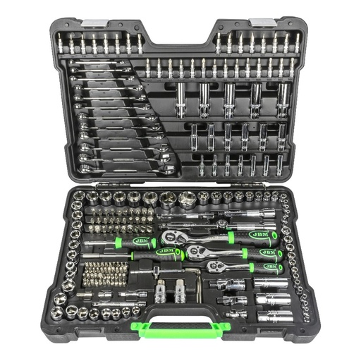 [JBM-54045] JUEGO DE MECANICO DE 216 PZAS DE 1/2 3/8 Y 1/4 C/12 LLAVES COMBINADAS MM Y PUNTAS DIVERSAS PARA DADOS Y DESTORNILLADOR DADOS LARGOS Y CORTOS MM CROMADO C/ESTUCHE
