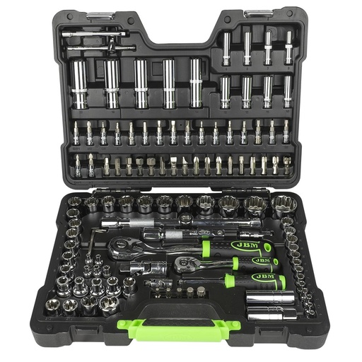 [JBM-54047] JUEGO DE MECANICO DE 113 PZAS DE 1/2 Y 1/4 C/PUNTAS DIVERSAS PARA DADOS Y DESTORNILLADOR MM CROMADO C/ESTUCHE